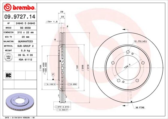 Stabdžių diskas BREMBO 09.9727.14