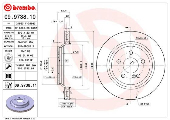 Stabdžių diskas BREMBO 09.9738.11