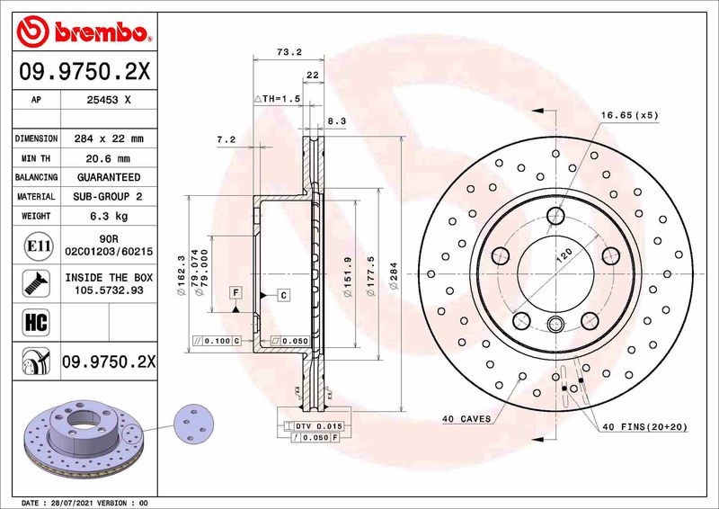 Stabdžių diskas BREMBO 09.9750.2X