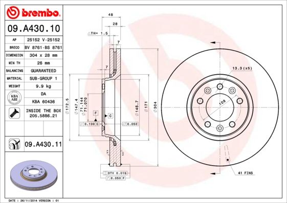 Stabdžių diskas BREMBO 09.A430.11