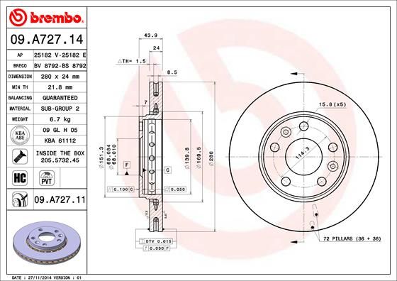 Stabdžių diskas BREMBO 09.A727.11