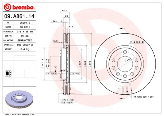 Stabdžių diskas BREMBO 09.A861.14