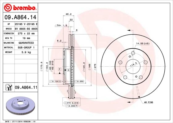 Stabdžių diskas BREMBO 09.A864.11