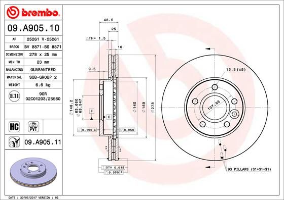Stabdžių diskas BREMBO 09.A905.11