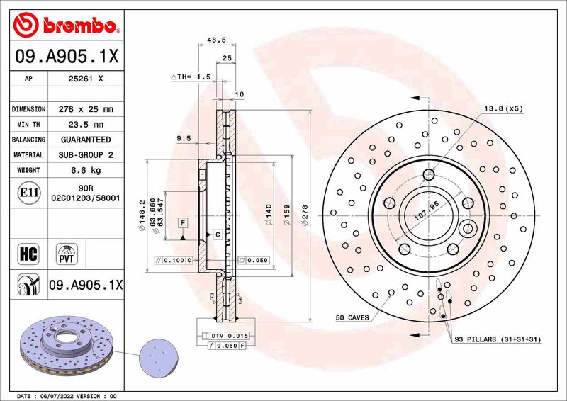 Stabdžių diskas BREMBO 09.A905.1X