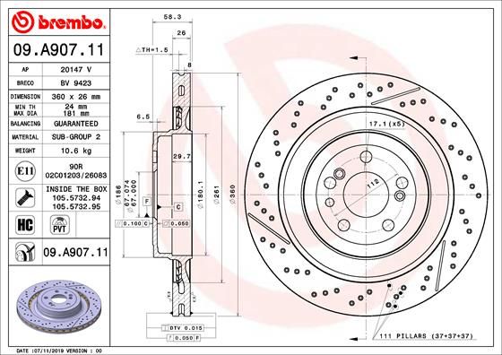 Stabdžių diskas BREMBO 09.A907.11