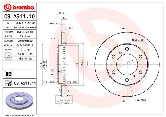 Stabdžių diskas BREMBO 09.A911.11