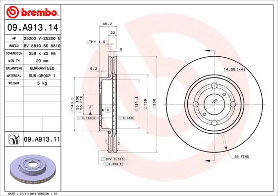 Stabdžių diskas BREMBO 09.A913.11