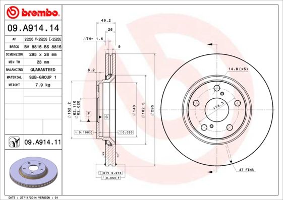 Stabdžių diskas BREMBO 09.A914.11