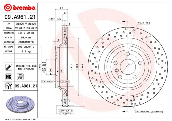 Stabdžių diskas BREMBO 09.A961.21