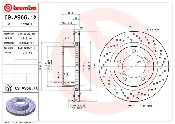 Stabdžių diskas BREMBO 09.A966.1X