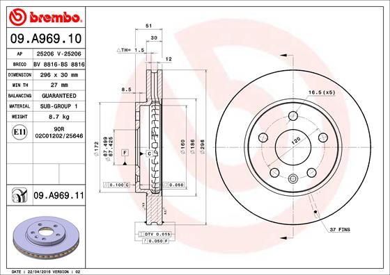 Stabdžių diskas BREMBO 09.A969.11