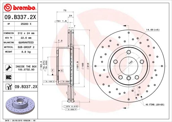 Stabdžių diskas BREMBO 09.B337.2X