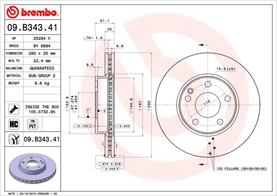 Stabdžių diskas BREMBO 09.B343.41