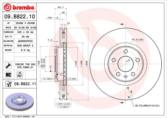 Stabdžių diskas BREMBO 09.B822.11