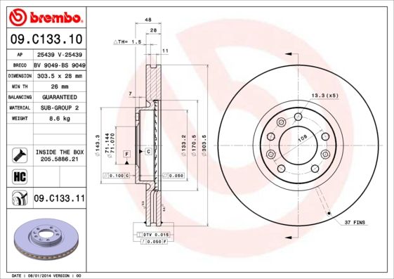 Stabdžių diskas BREMBO 09.C133.11