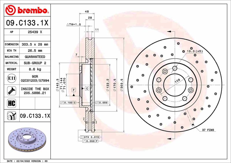 Stabdžių diskas BREMBO 09.C133.1X