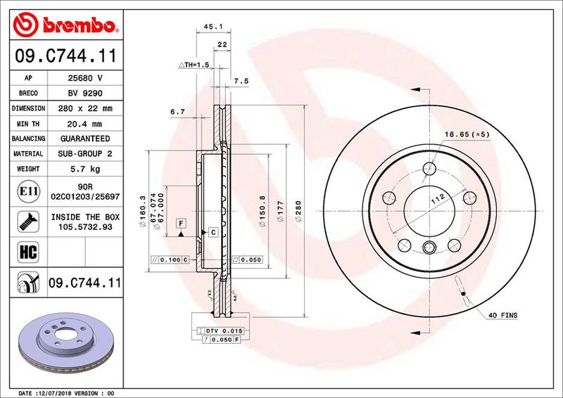 Stabdžių diskas BREMBO 09.C744.11