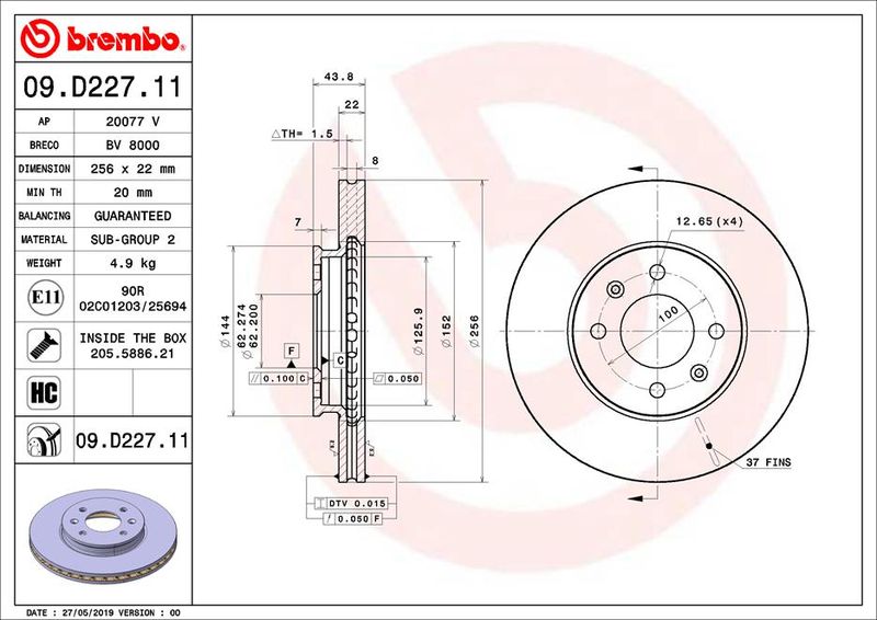 Stabdžių diskas BREMBO 09.D227.11