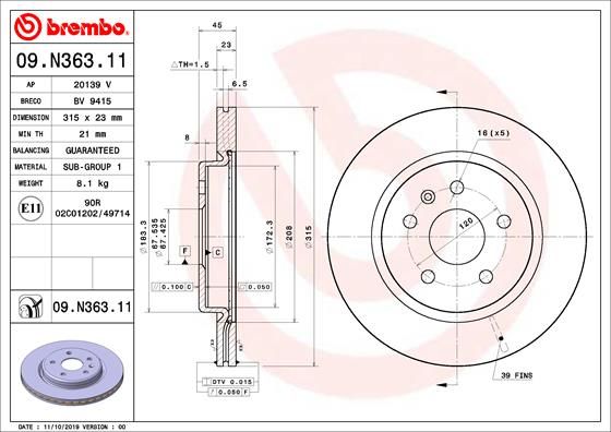 Stabdžių diskas BREMBO 09.N363.11