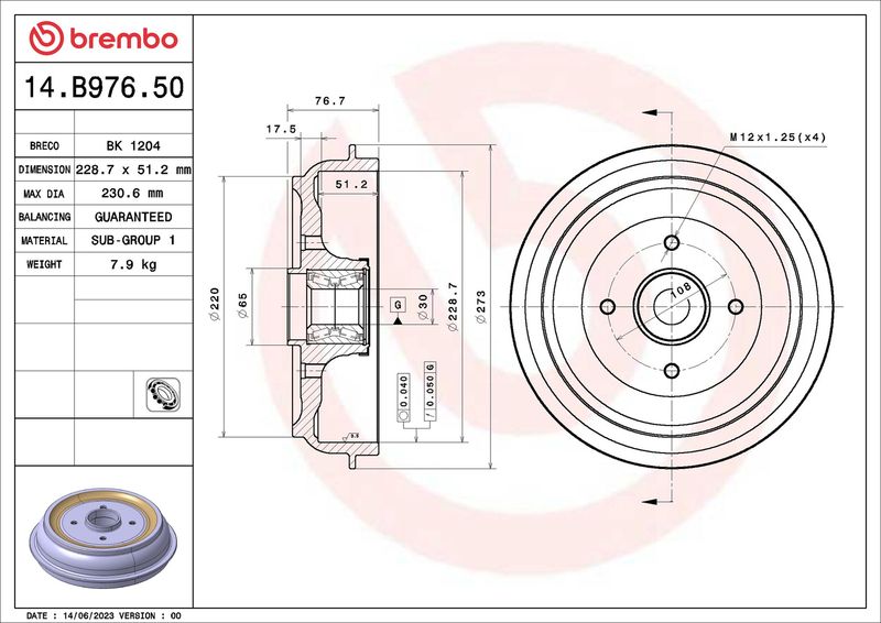 Stabdžių būgnas BREMBO 14.B976.50