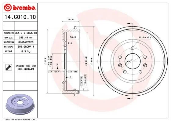 Stabdžių būgnas BREMBO 14.C010.10