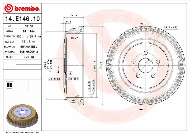 Гальмівний барабан BREMBO 14.E146.10