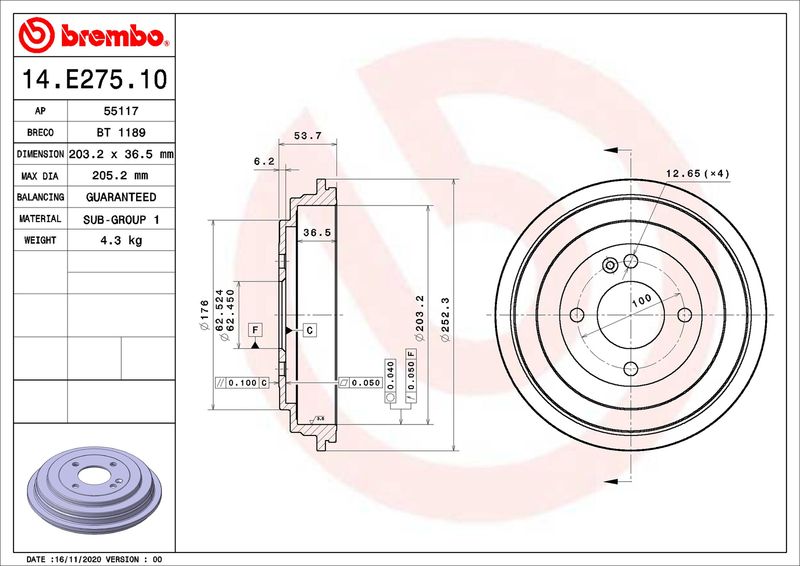 Stabdžių būgnas BREMBO 14.E275.10