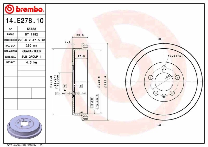 Stabdžių būgnas BREMBO 14.E278.10