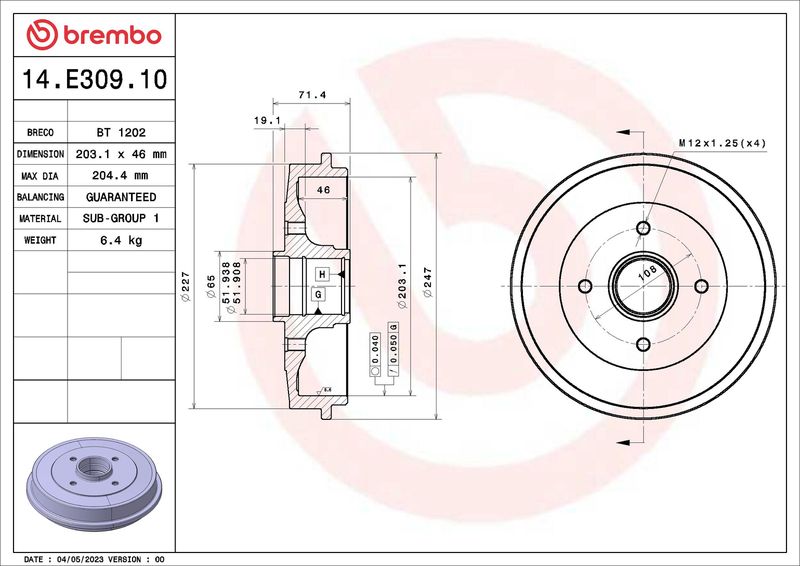 Stabdžių būgnas BREMBO 14.E309.10