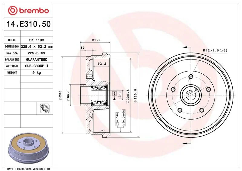 Stabdžių būgnas BREMBO 14.E310.50