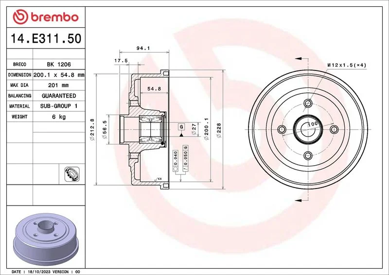 Stabdžių būgnas BREMBO 14.E311.50