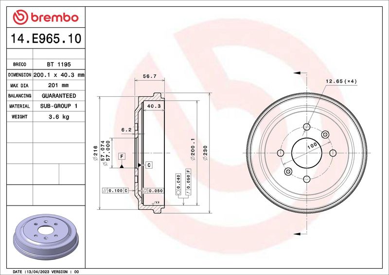 Stabdžių būgnas BREMBO 14.E965.10