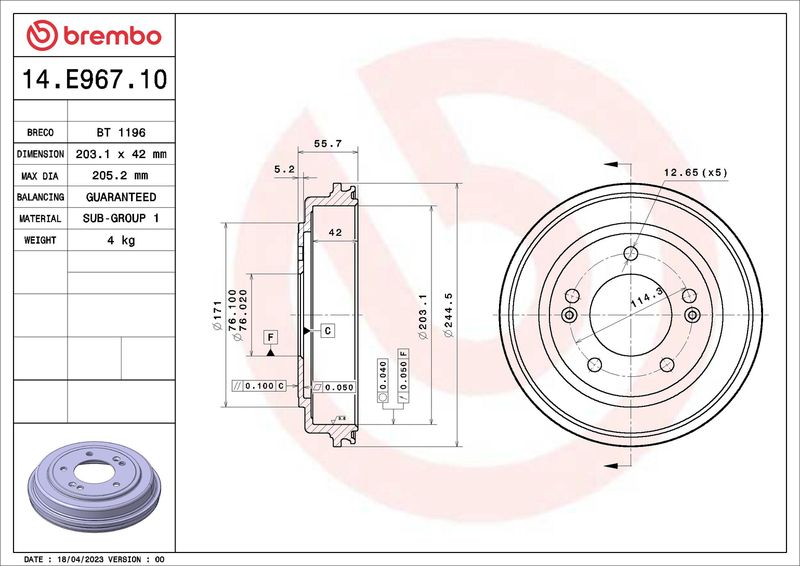 Гальмівний барабан BREMBO 14.E967.10