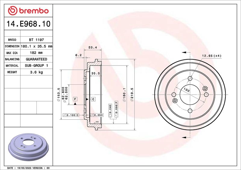 Stabdžių būgnas BREMBO 14.E968.10