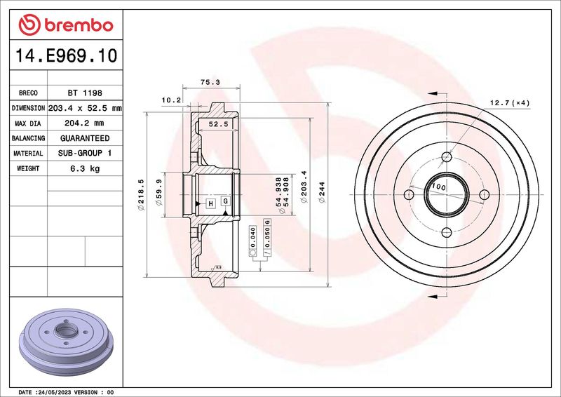 Stabdžių būgnas BREMBO 14.E969.10