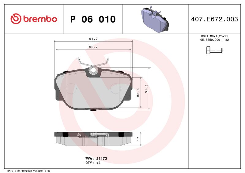 Комплект гальмівних накладок, дискове гальмо BREMBO P 06 010