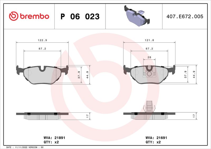 Stabdžių trinkelių rinkinys, diskinis stabdys BREMBO P 06 023