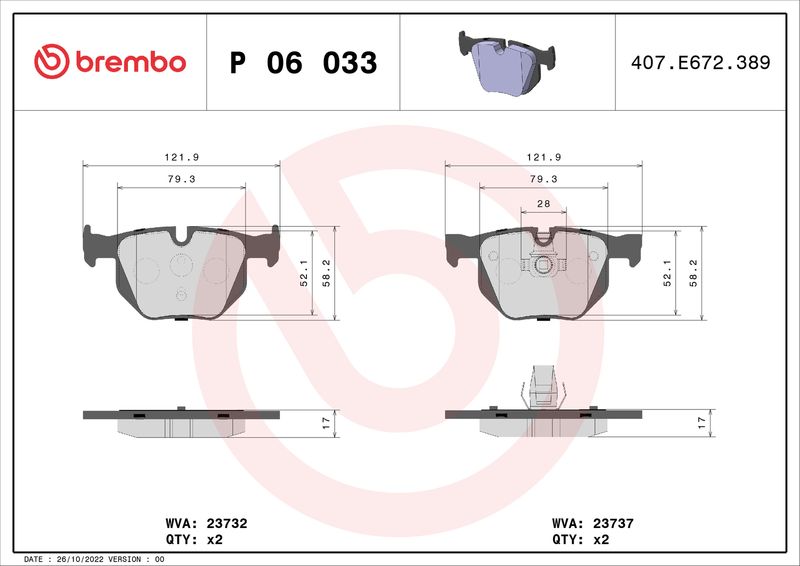 Brake Pad Set, disc brake BREMBO P 06 033