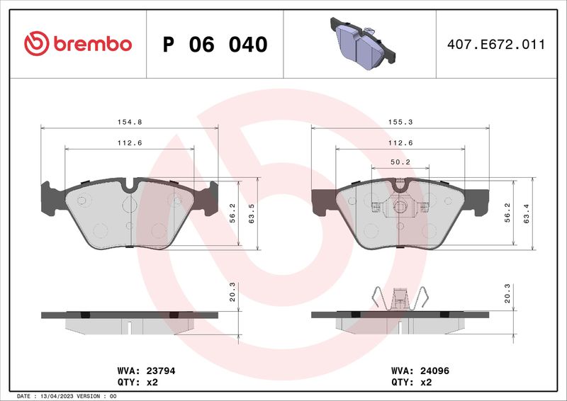 Комплект гальмівних накладок, дискове гальмо BREMBO P 06 040