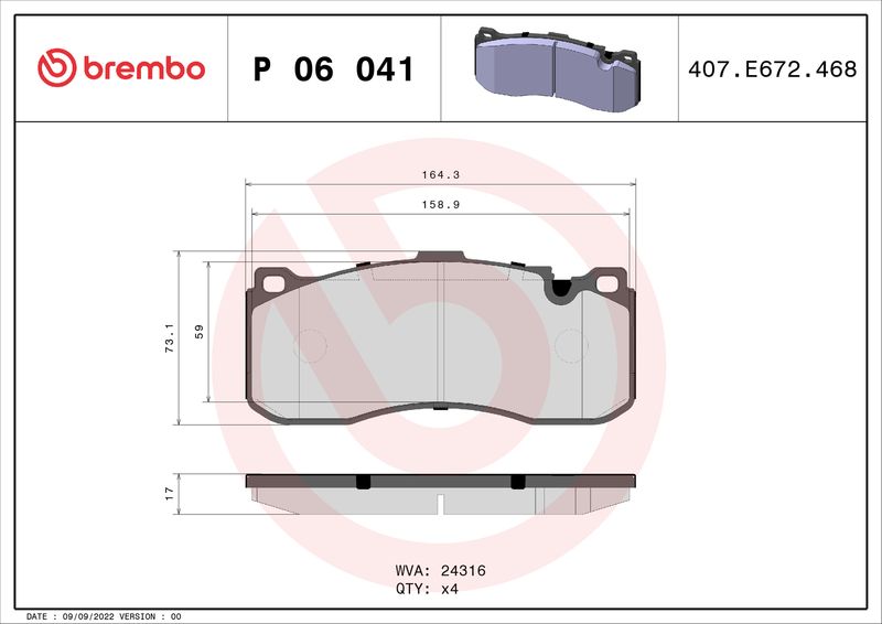 Stabdžių trinkelių rinkinys, diskinis stabdys BREMBO P 06 041