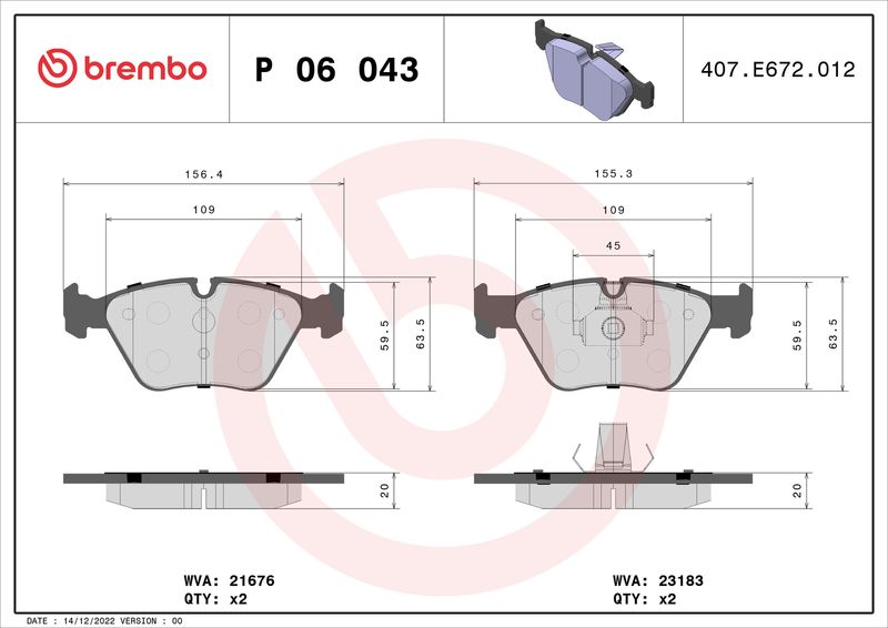 Stabdžių trinkelių rinkinys, diskinis stabdys BREMBO P 06 043