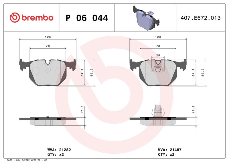 Комплект гальмівних накладок, дискове гальмо BREMBO P 06 044