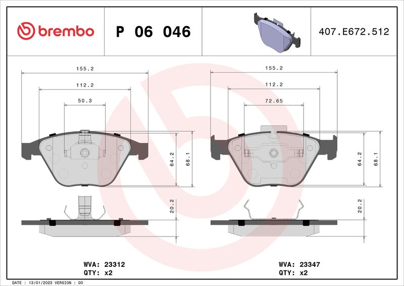 Комплект гальмівних накладок, дискове гальмо BREMBO P 06 046