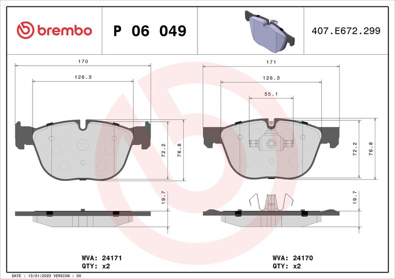 Комплект гальмівних накладок, дискове гальмо BREMBO P 06 049