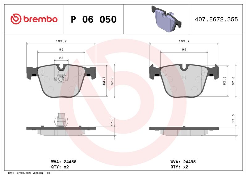 Комплект гальмівних накладок, дискове гальмо BREMBO P 06 050