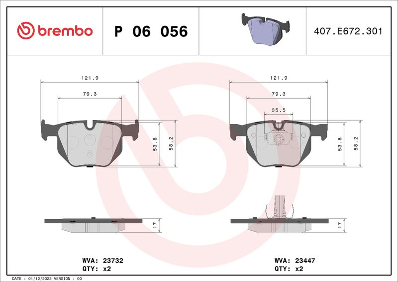 Stabdžių trinkelių rinkinys, diskinis stabdys BREMBO P 06 056