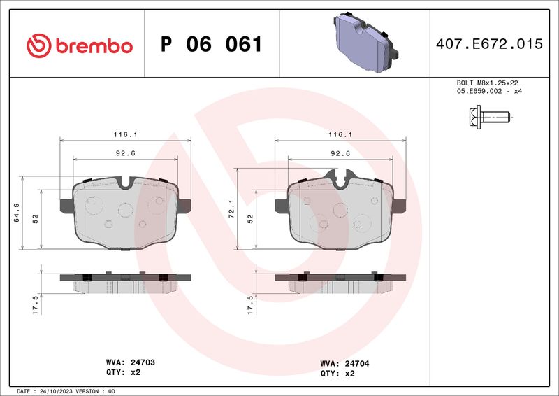 Stabdžių trinkelių rinkinys, diskinis stabdys BREMBO P 06 061