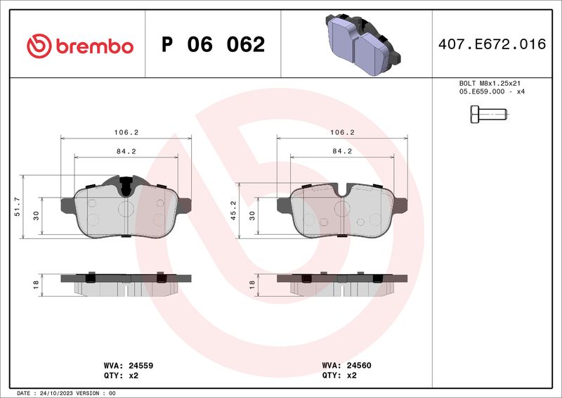 Stabdžių trinkelių rinkinys, diskinis stabdys BREMBO P 06 062