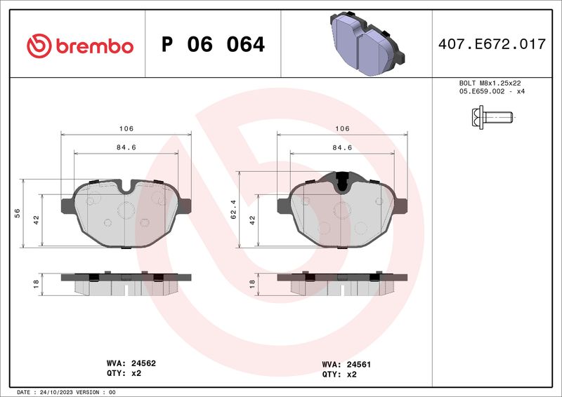 Stabdžių trinkelių rinkinys, diskinis stabdys BREMBO P 06 064